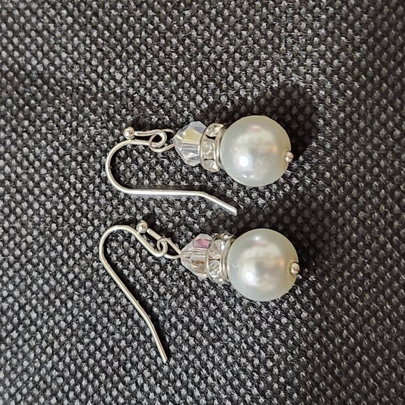 Hand Crafted Pearl Earrings Pierced Beaded Faux Pearl Rhinestone Crystal Drop - Picture 3 of 5